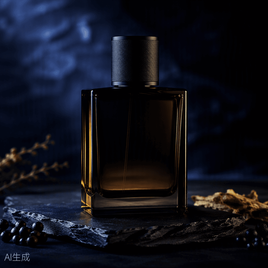 Perfume masculino sobre fondo azul noche