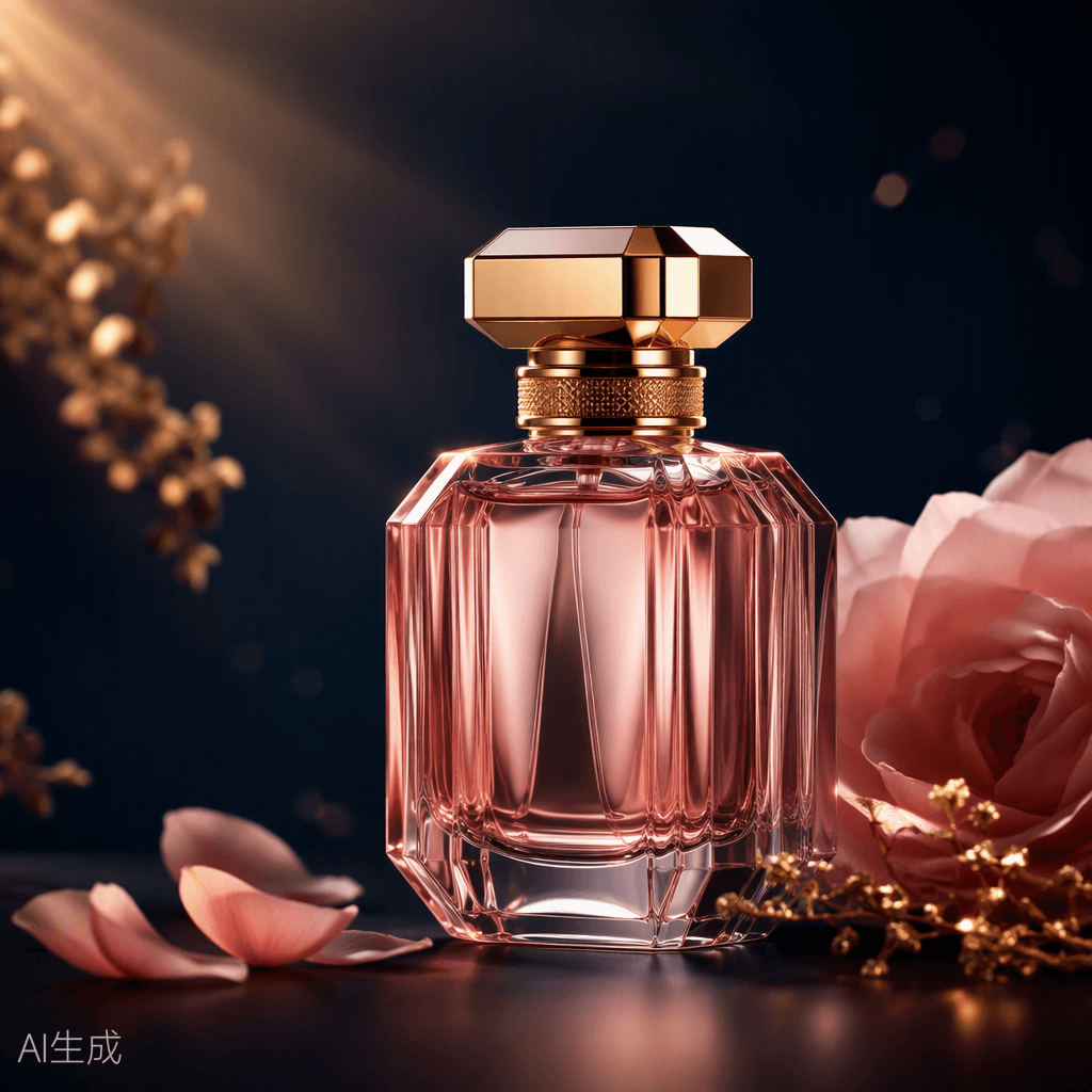 Perfume femenino color rosa con detalles dorados