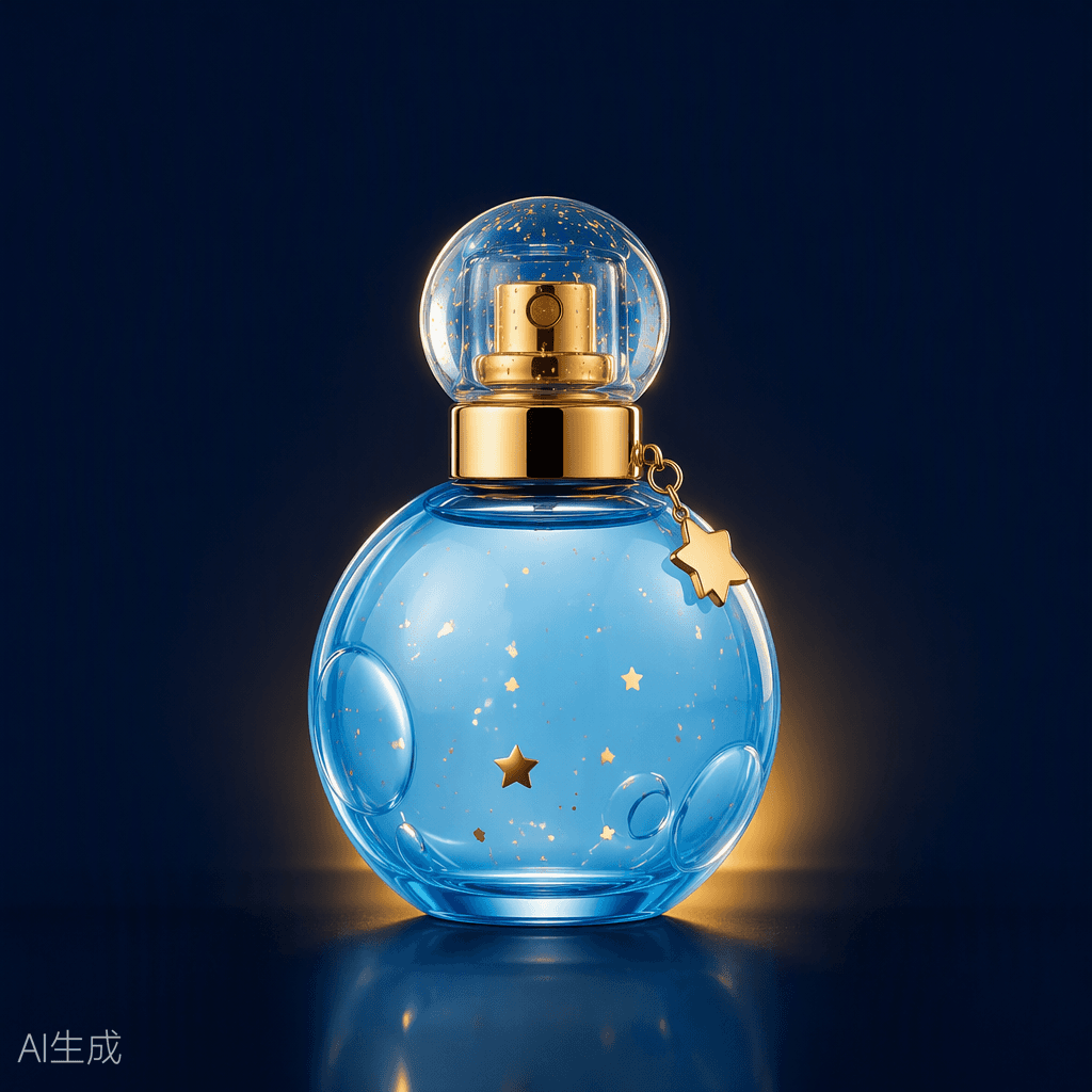 Perfume infantil celeste sobre fondo azul noche